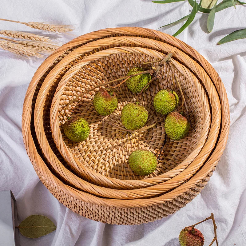 HEMU - سلة دائرية من الراتان المنسوج، سلة فواكه من الخيزران، للخبز والطعام، منظم ديكور منزلي للمطبخ
