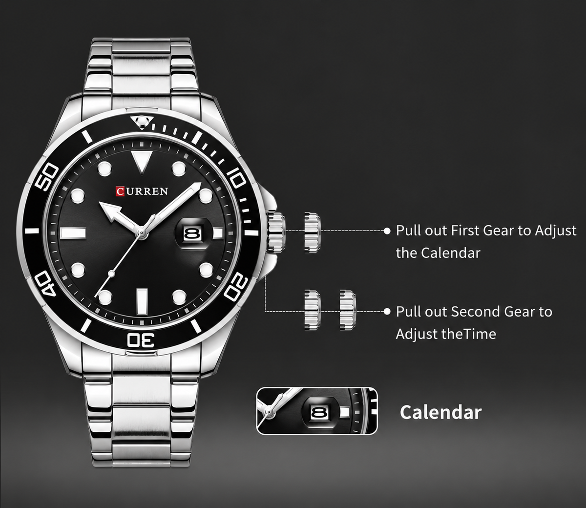 Curren 8388 crown and date adjustment